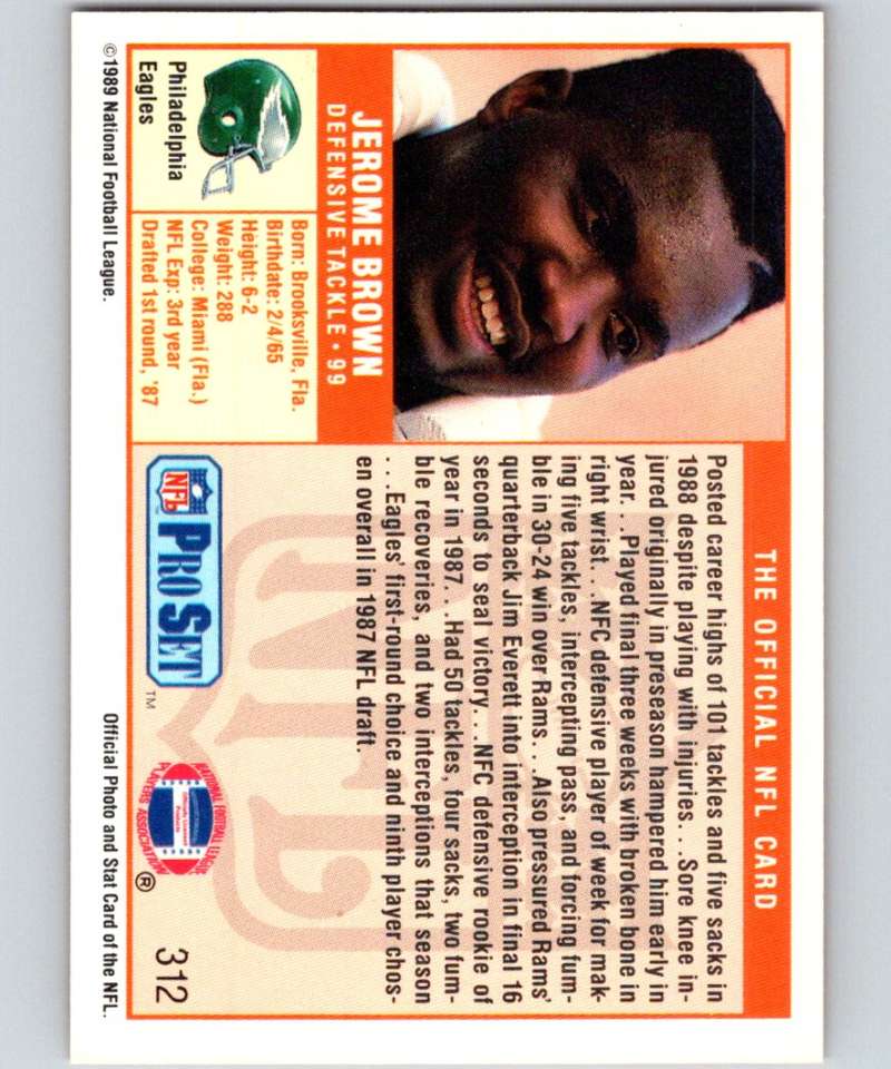 1989 Pro Set #312 Jerome Brown Eagles NFL Football Image 2