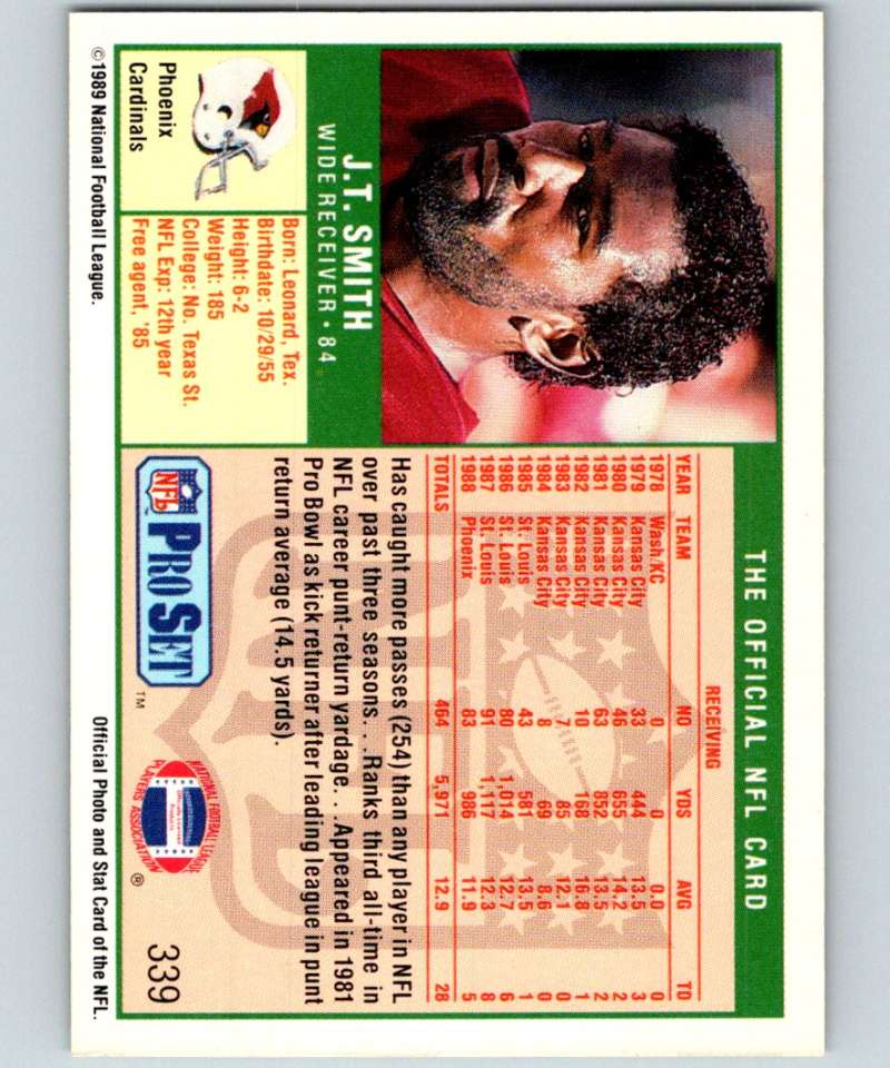 1989 Pro Set #339 J.T. Smith Cardinals NFL Football Image 2