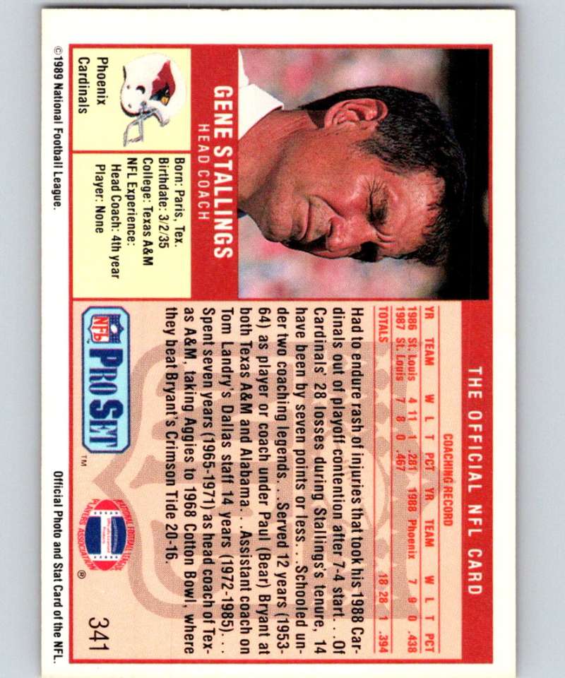 1989 Pro Set #341 Gene Stallings/ RC Rookie Cardinals NFL Football