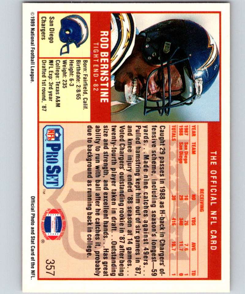 1989 Pro Set #357 Rod Bernstine RC Rookie Chargers NFL Football Image 2