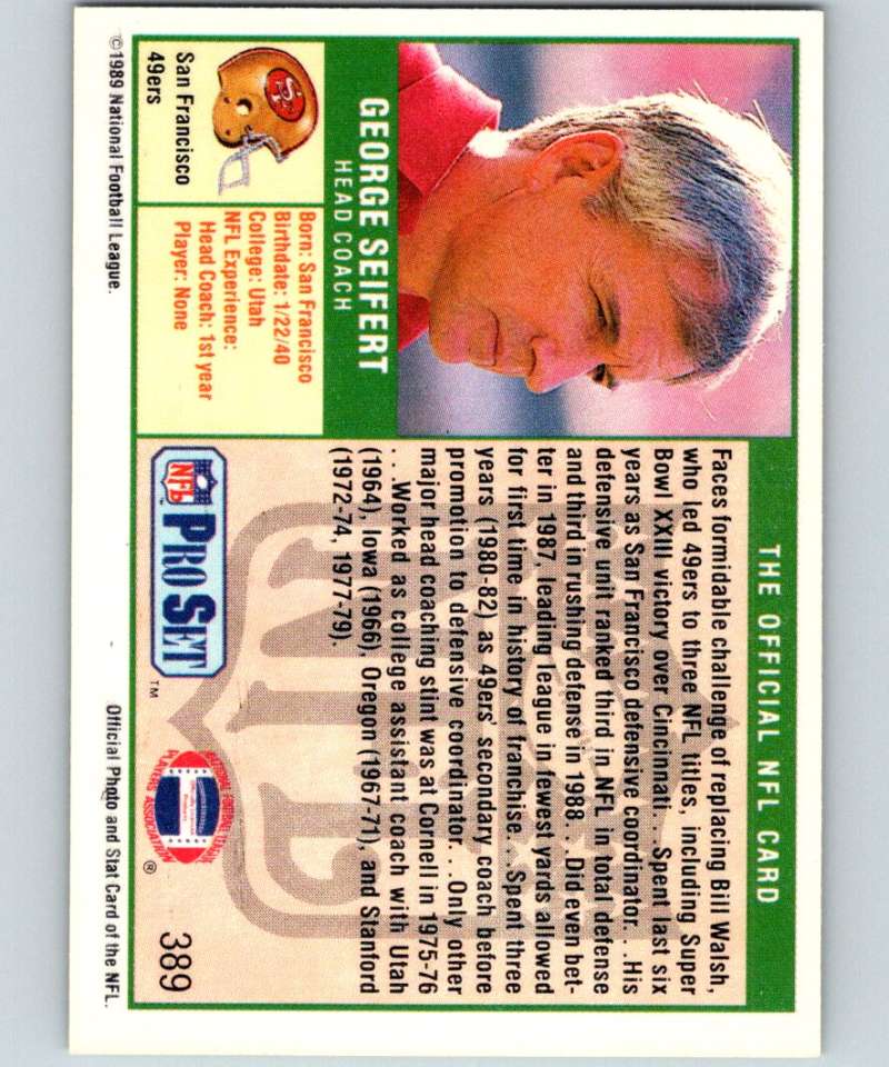 1989 Pro Set #389 George Seifert/ RC Rookie 49ers NFL Football Image 2