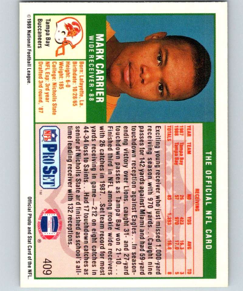 1989 Pro Set #409 Mark Carrier RC Rookie Buccaneers NFL Football Image 2