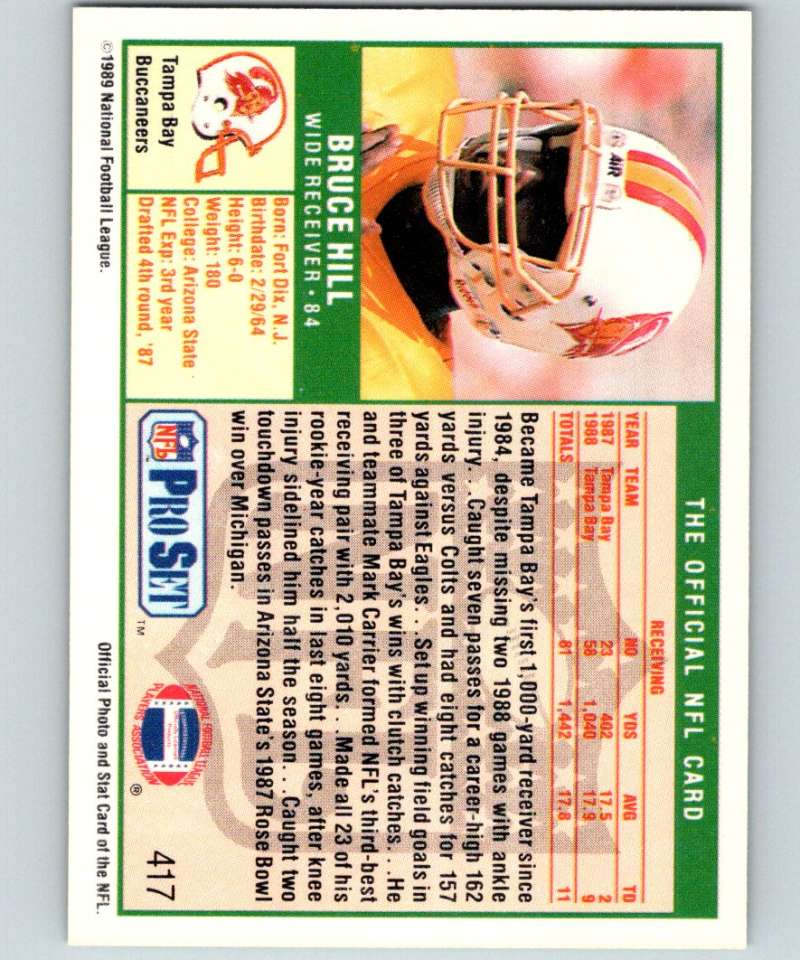 1989 Pro Set #417 Bruce Hill RC Rookie Buccaneers NFL Football Image 2