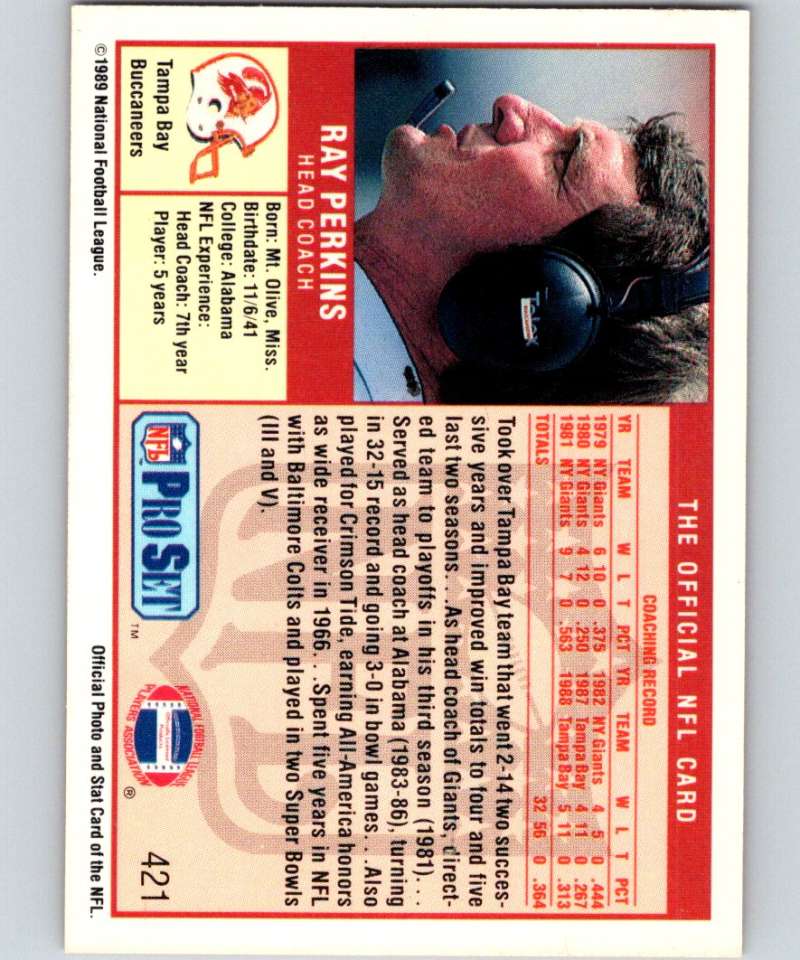 1989 Pro Set #421 Ray Perkins Buccaneers CO NFL Football Image 2