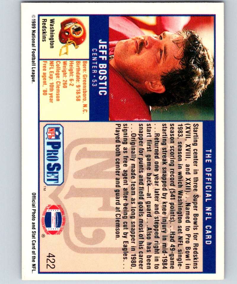 1989 Pro Set #422 Jeff Bostic Redskins NFL Football Image 2