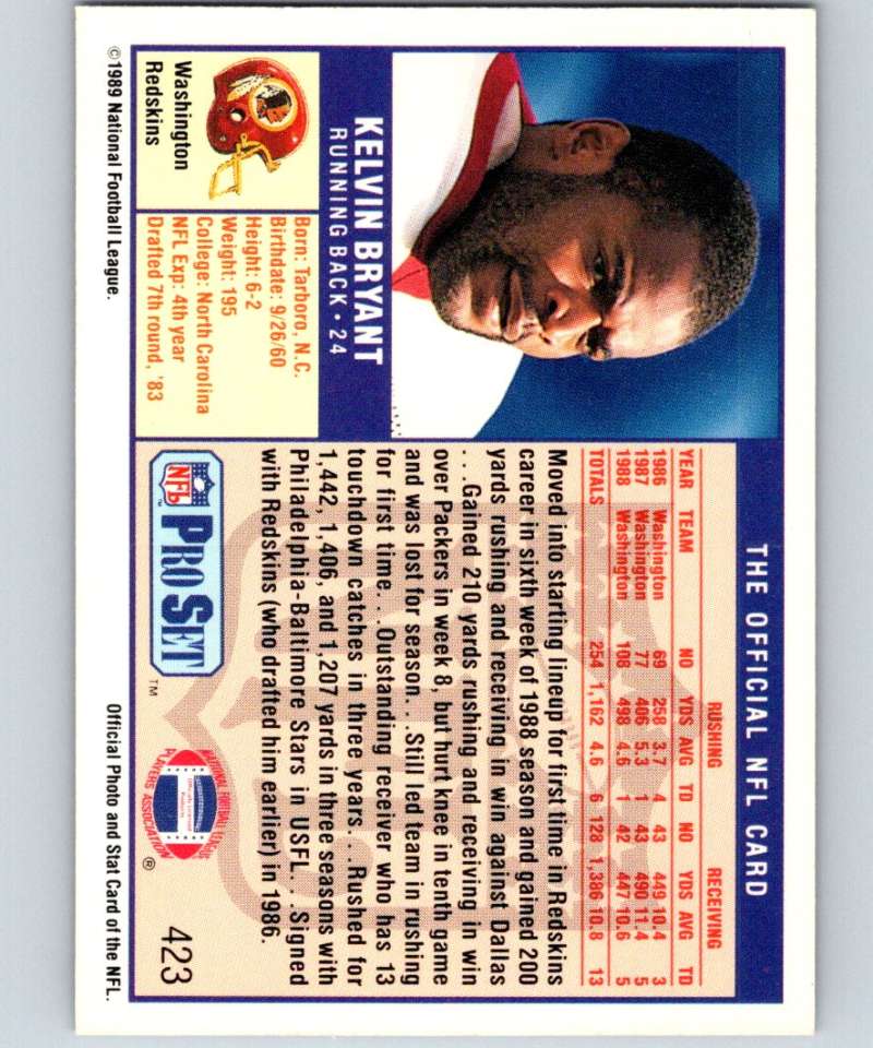1989 Pro Set #423 Kelvin Bryant Redskins NFL Football Image 2