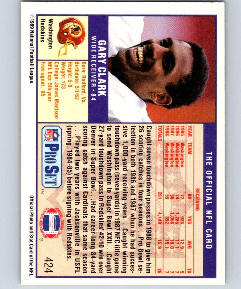 1989 Pro Set #424 Gary Clark Redskins NFL Football Image 2
