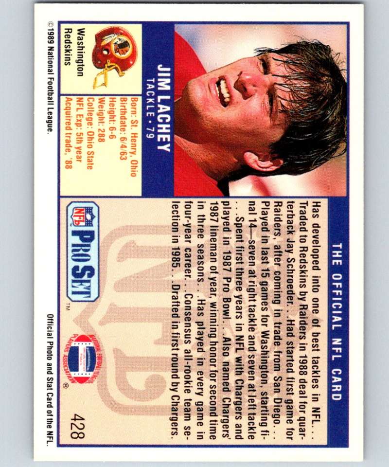 1989 Pro Set #428 Jim Lachey Redskins NFL Football Image 2