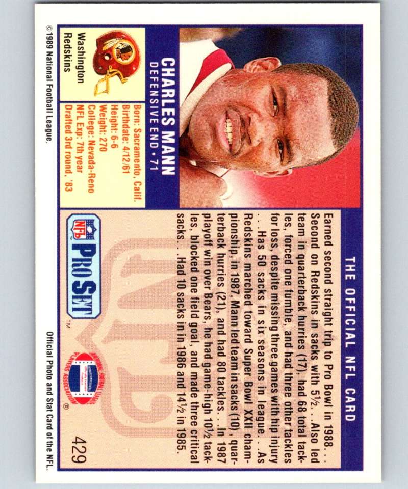 1989 Pro Set #429 Charles Mann Redskins NFL Football Image 2