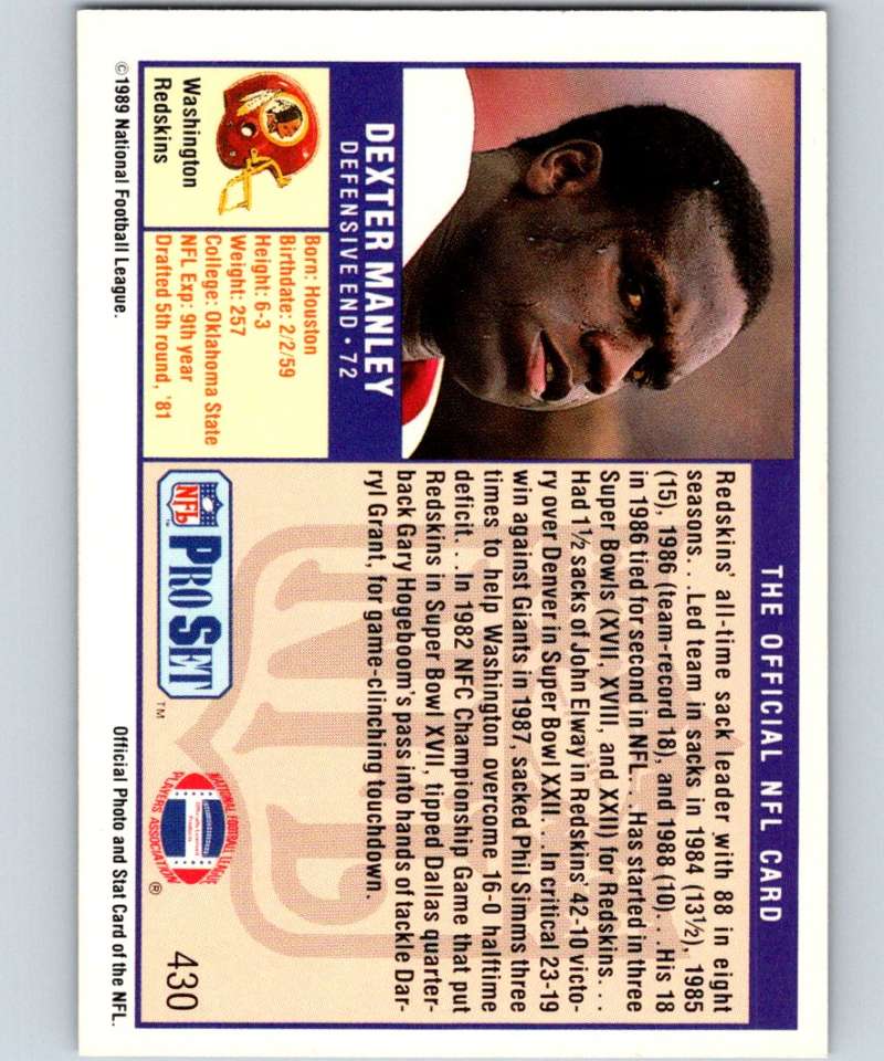 1989 Pro Set #430 Dexter Manley Redskins NFL Football Image 2