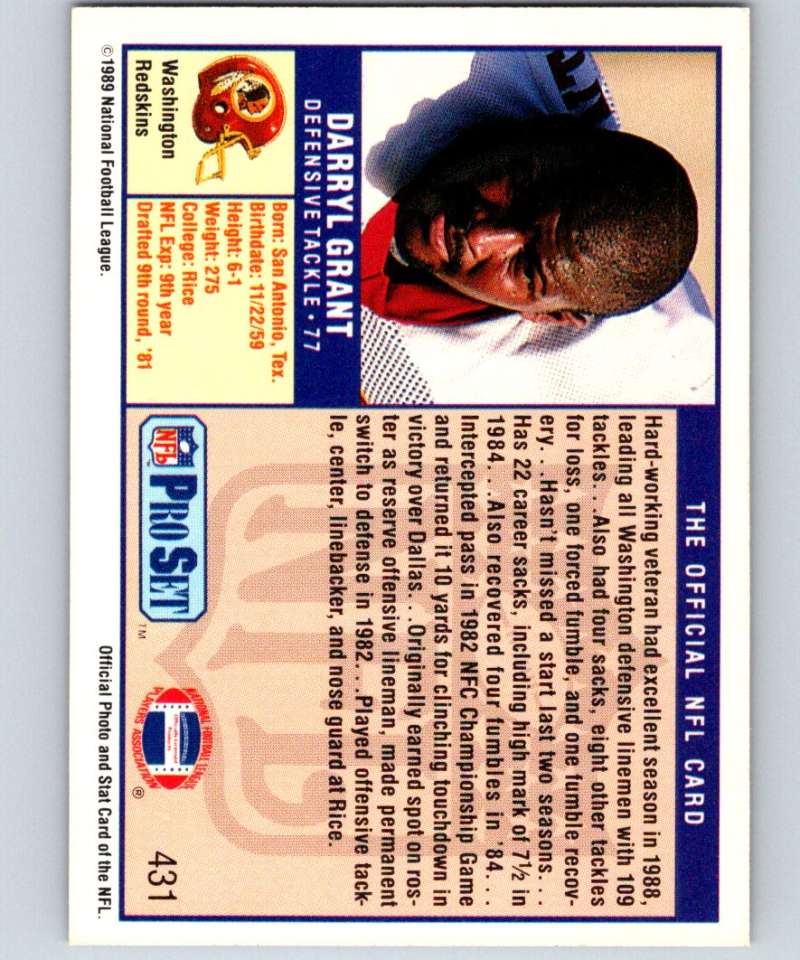 1989 Pro Set #431 Darryl Grant Redskins NFL Football Image 2