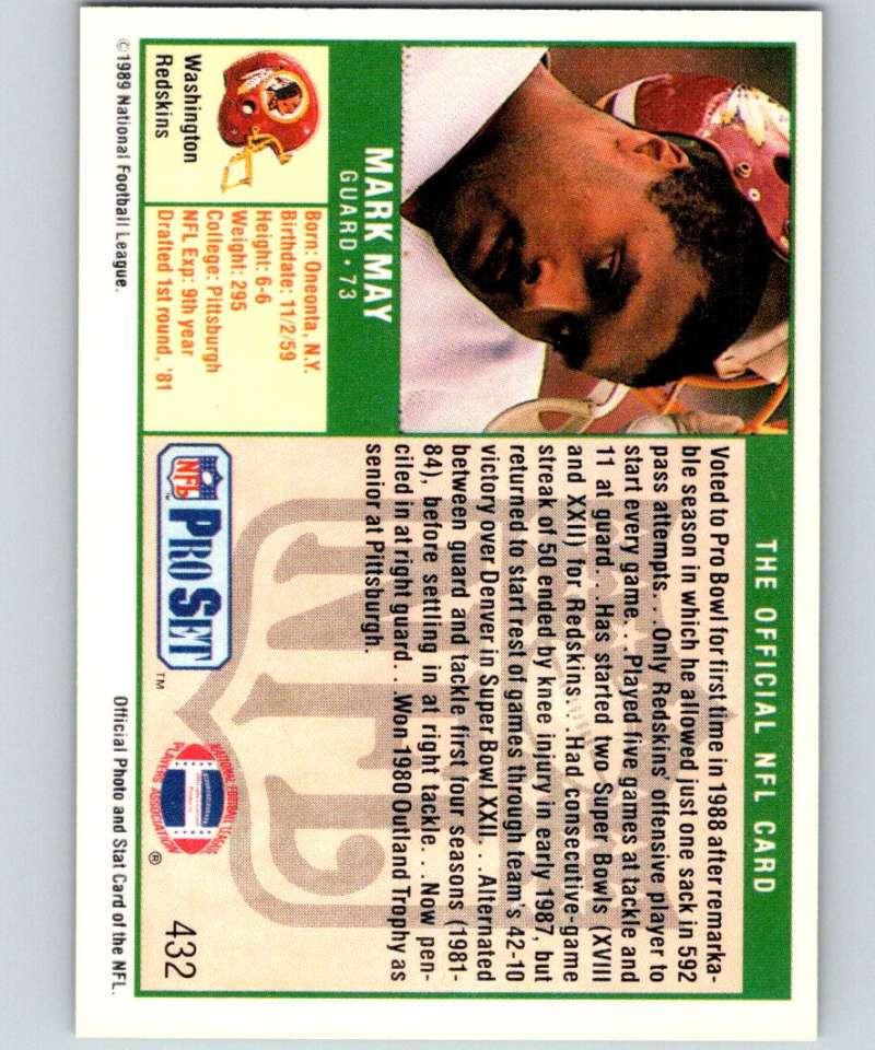 1989 Pro Set #432 Mark May RC Rookie Redskins NFL Football Image 2