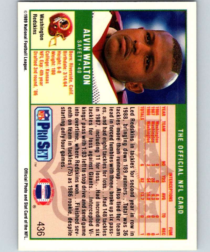 1989 Pro Set #436 Alvin Walton RC Rookie Redskins NFL Football Image 2