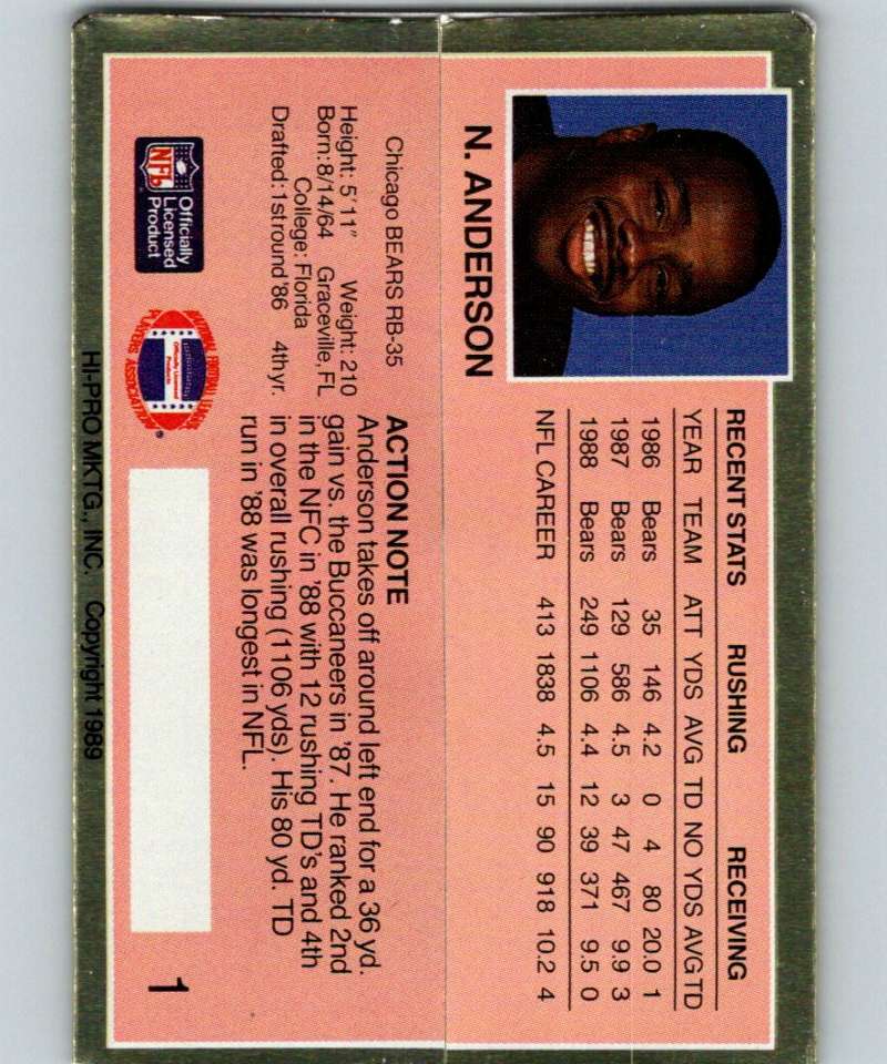 1989 Action Packed Test #1 Neal Anderson Bears NFL Football Image 2