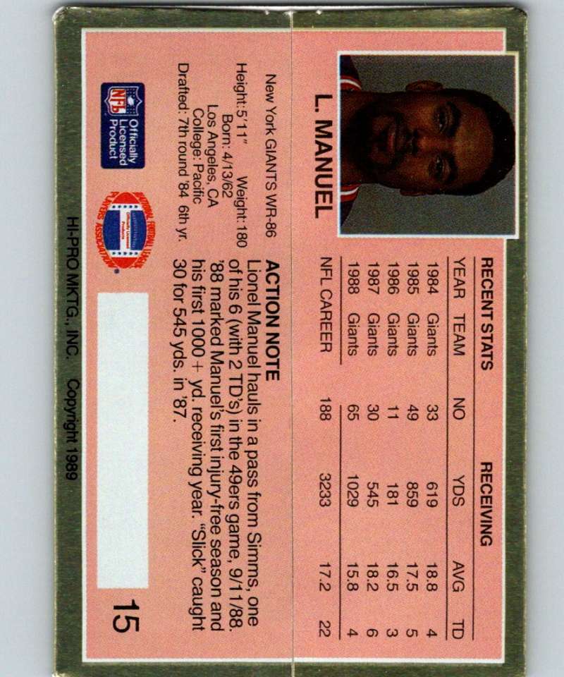 1989 Action Packed Test #15 Lionel Manuel NY Giants NFL Football Image 2