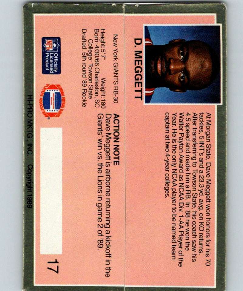 1989 Action Packed Test #17 Dave Meggett NY Giants NFL Football Image 2