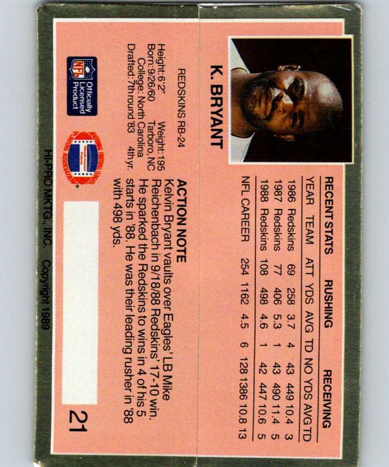 1989 Action Packed Test #21 Kelvin Bryant Redskins NFL Football Image 2