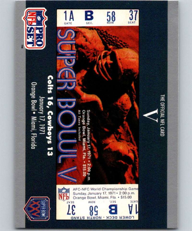 1990 Pro Set Super Bowl 160 #5 SB V Ticket NFL Football Image 1