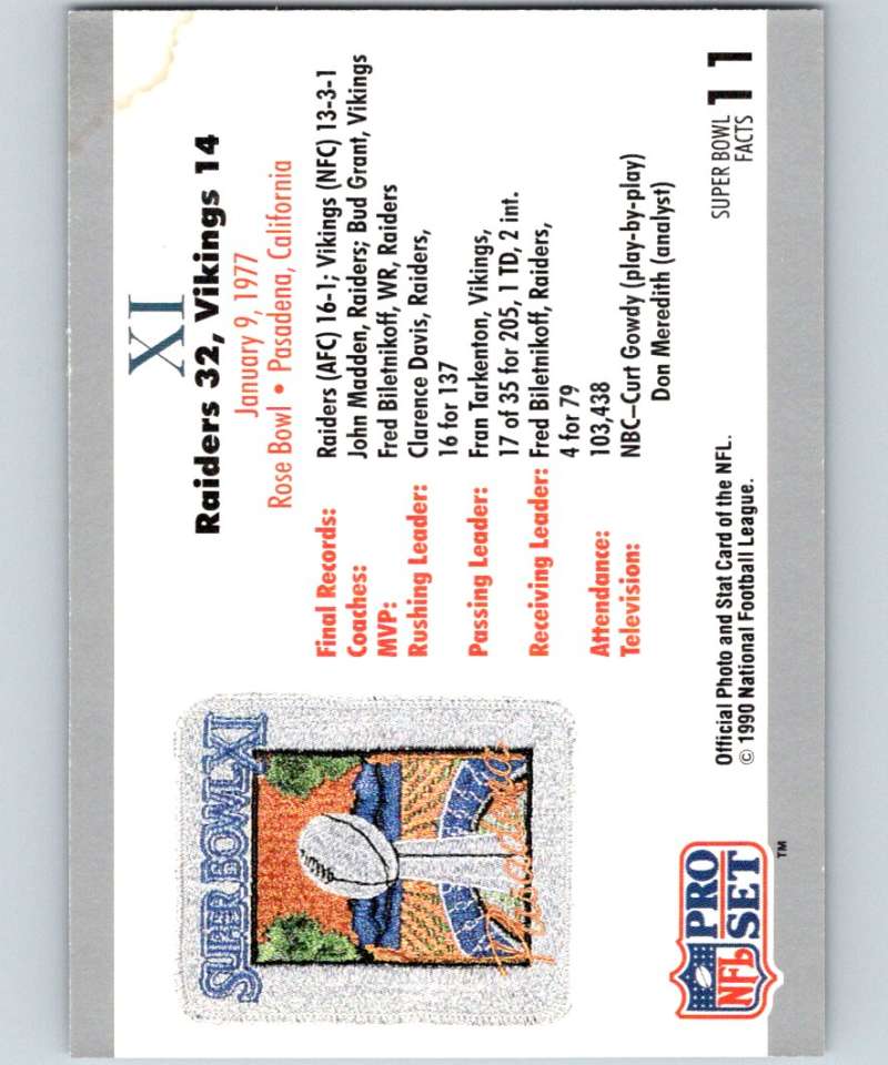 1990 Pro Set Super Bowl 160 #11 SB XI Ticket NFL Football Image 2