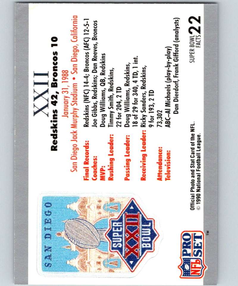 1990 Pro Set Super Bowl 160 #22 SB XXII Ticket NFL Football Image 2