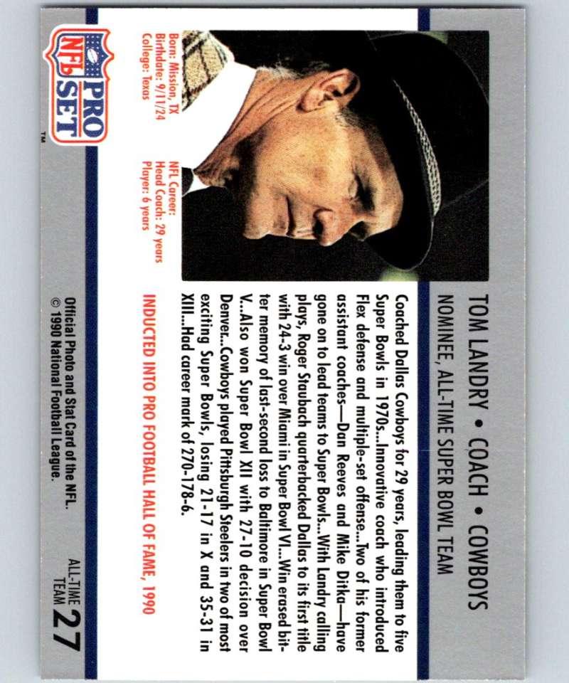 1990 Pro Set Super Bowl 160 #27 Tom Landry Cowboys CO NFL Football