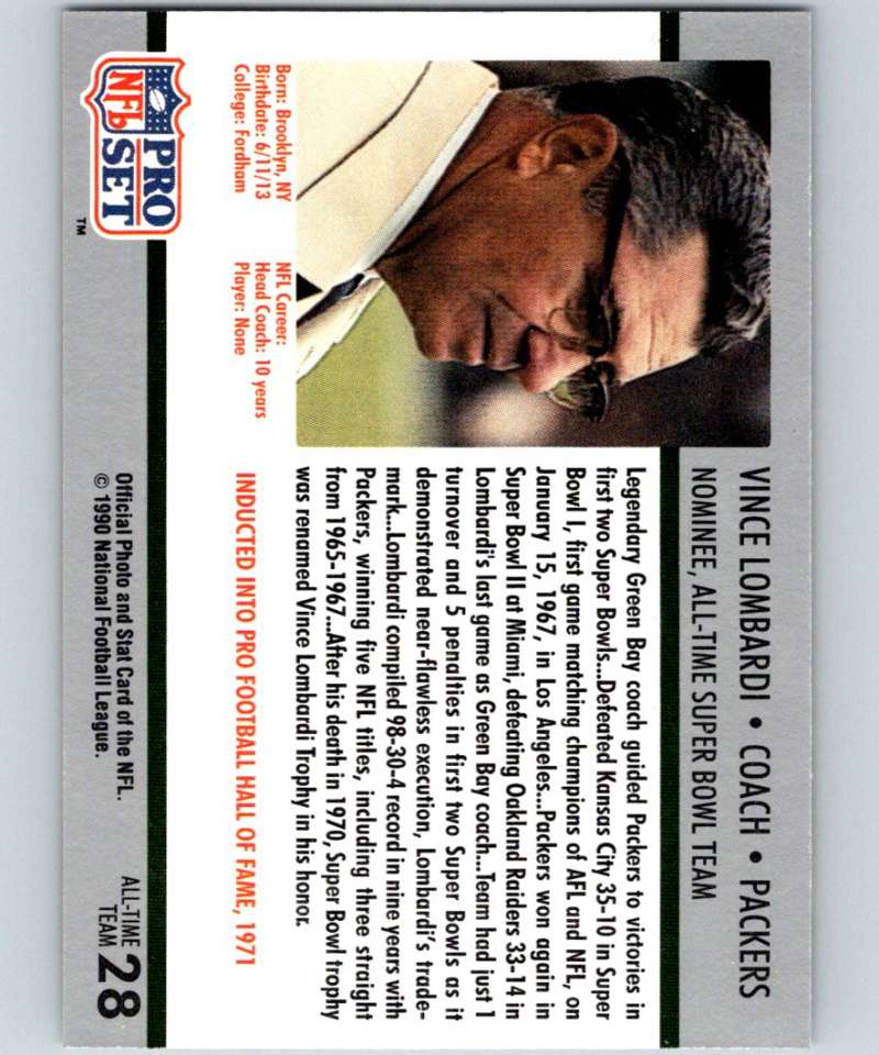 1990 Pro Set Super Bowl 160 #28 Vince Lombardi Packers CO NFL Football