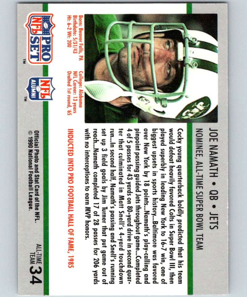 1990 Pro Set Super Bowl 160 #34 Joe Namath NY Jets NFL Football Image 2