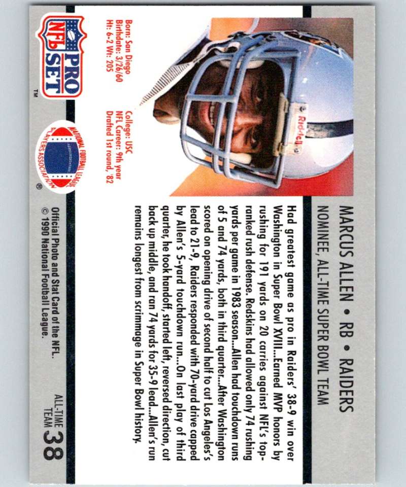 1990 Pro Set Super Bowl 160 #38 Marcus Allen LA Raiders NFL Football Image 2