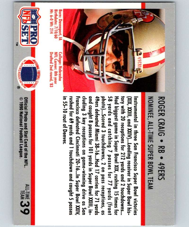1990 Pro Set Super Bowl 160 #39 Roger Craig 49ers NFL Football Image 2