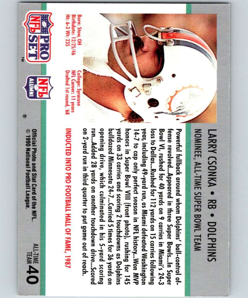 1990 Pro Set Super Bowl 160 #40 Larry Csonka Dolphins NFL Football