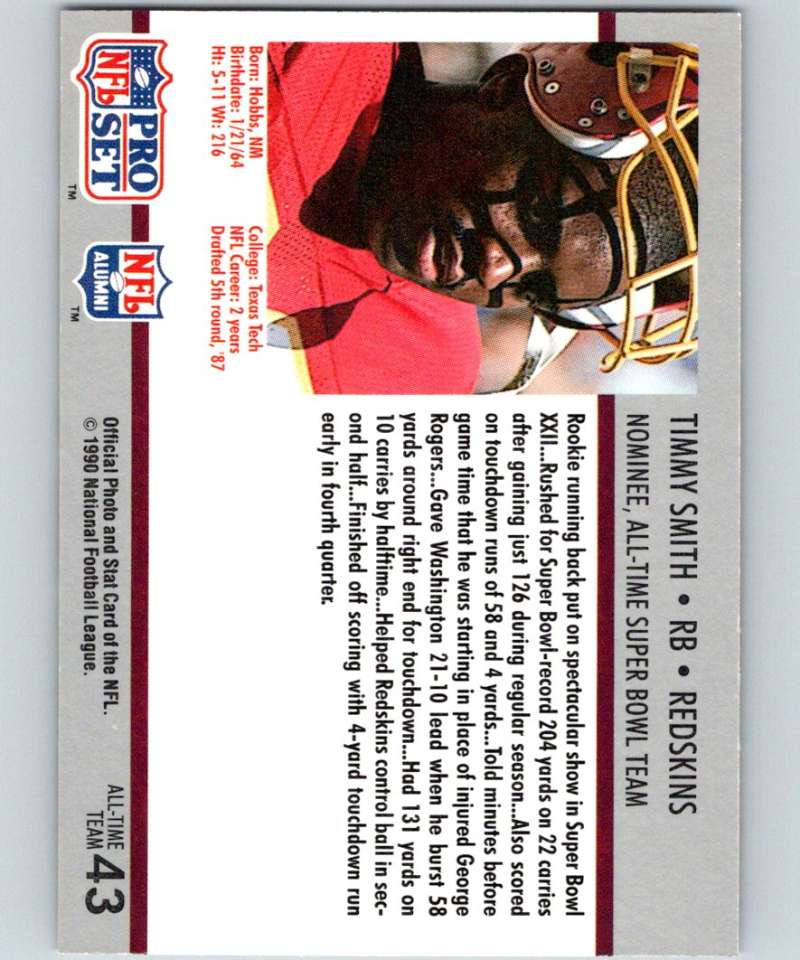 1990 Pro Set Super Bowl 160 #43 Timmy Smith Redskins NFL Football