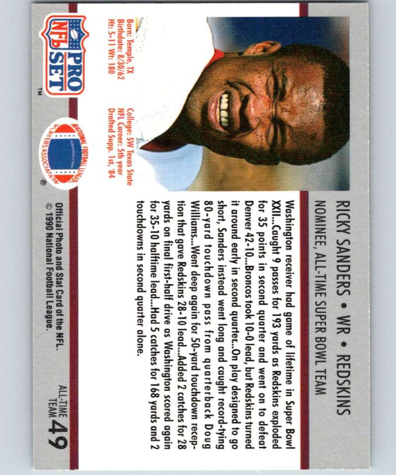 1990 Pro Set Super Bowl 160 #49 Ricky Sanders Redskins NFL Football Image 2
