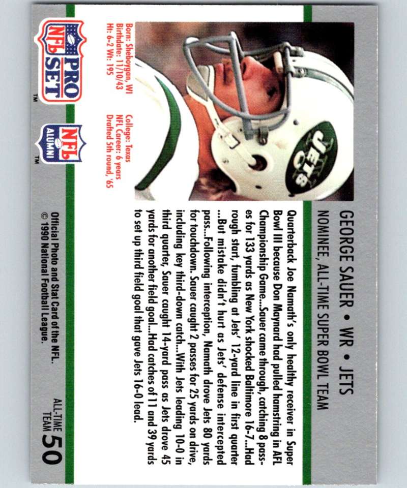 1990 Pro Set Super Bowl 160 #50 George Sauer Jr. NY Jets NFL Football Image 2