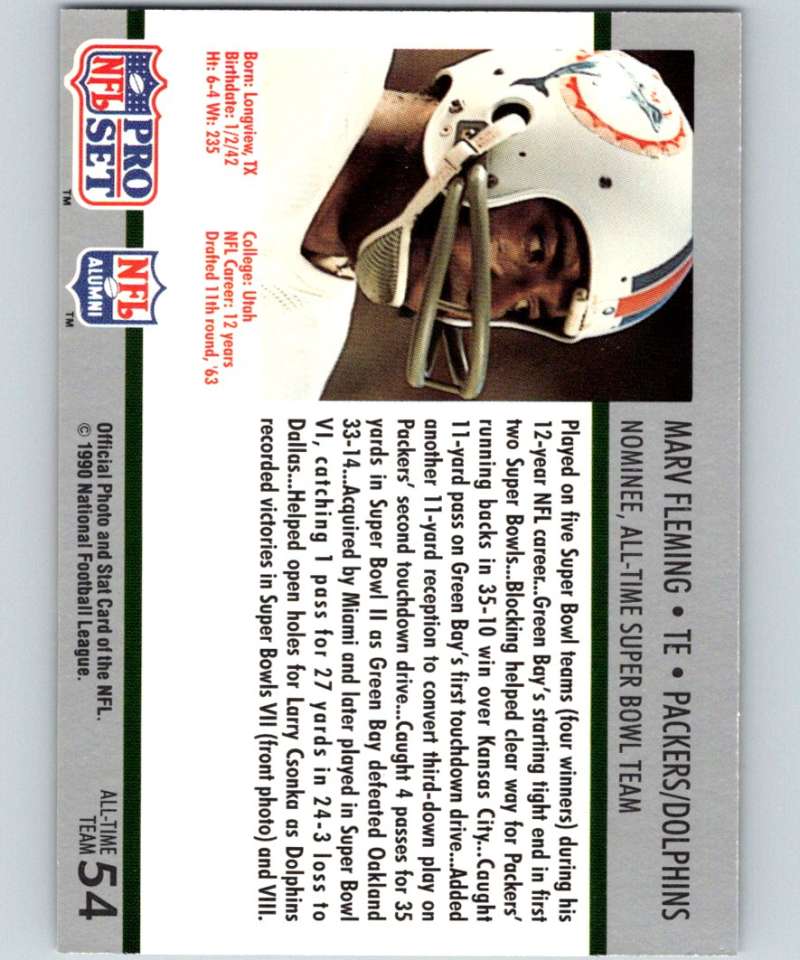 1990 Pro Set Super Bowl 160 #54 Marv Fleming NFL Football Image 2