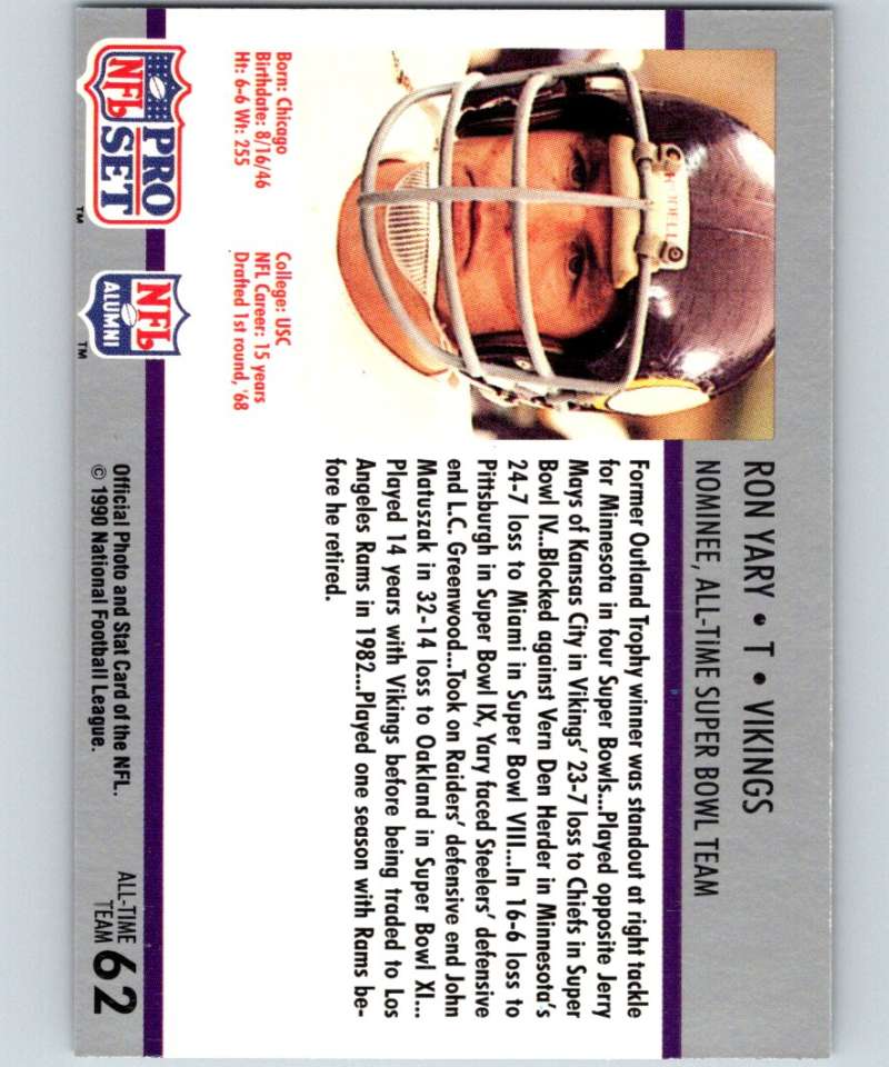 1990 Pro Set Super Bowl 160 #62 Ron Yary Vikings NFL Football Image 2