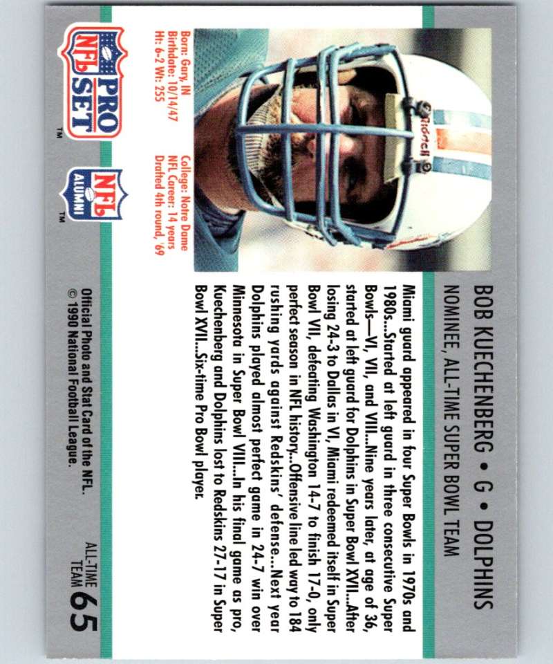 1990 Pro Set Super Bowl 160 #65 Bob Kuechenberg Dolphins NFL Football Image 2