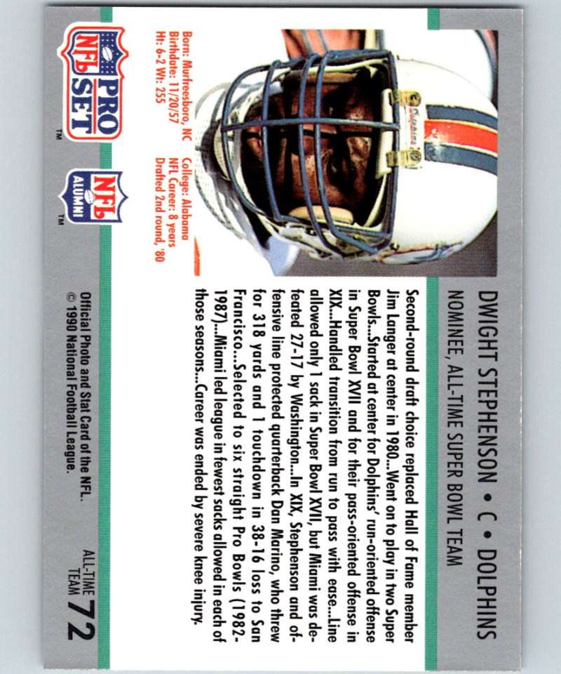 1990 Pro Set Super Bowl 160 #72 Dwight Stephenson Dolphins NFL Football Image 2