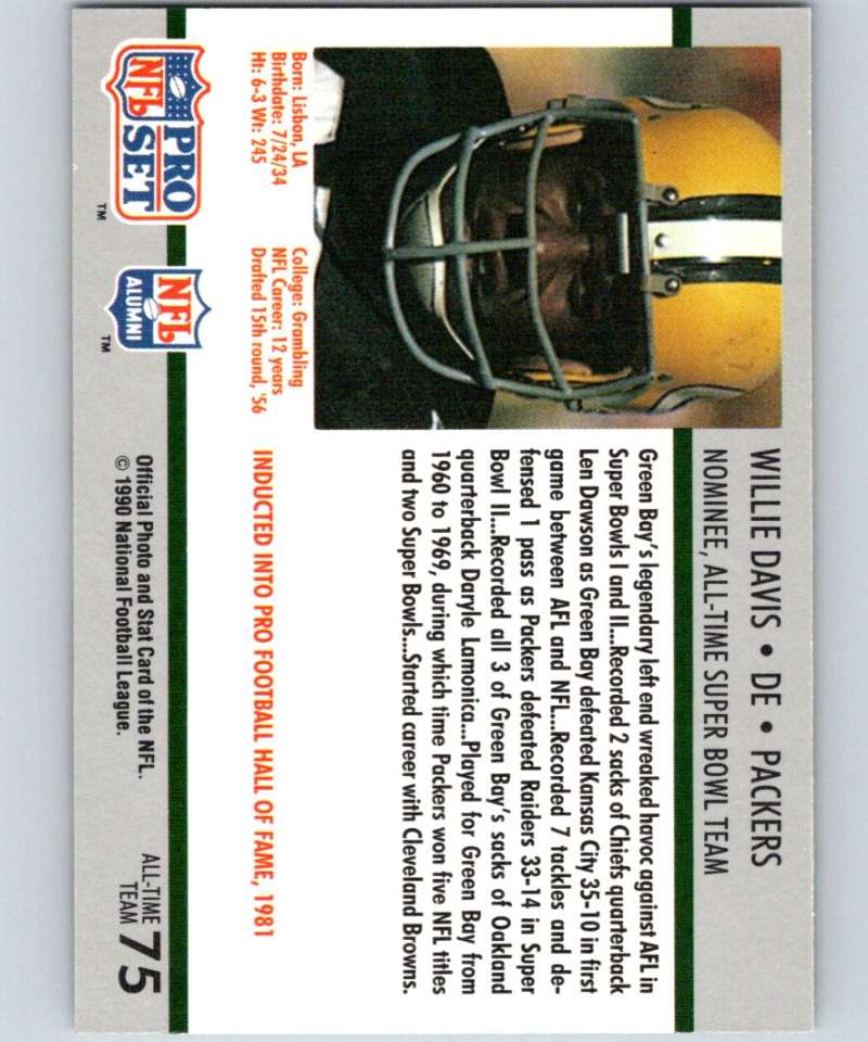1990 Pro Set Super Bowl 160 #75 Willie Davis Packers NFL Football Image 2