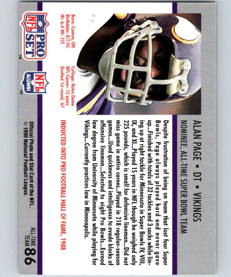 1990 Pro Set Super Bowl 160 #86 Alan Page Vikings NFL Football