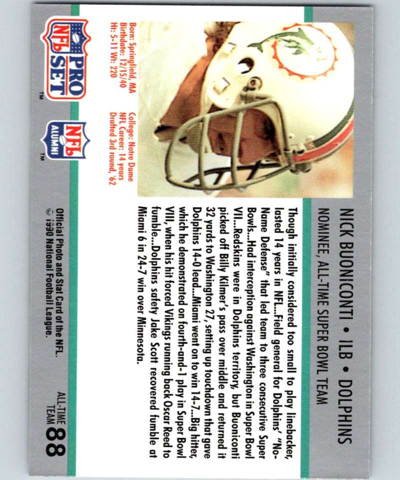 1990 Pro Set Super Bowl 160 #88 Nick Buoniconti Dolphins NFL Football Image 2