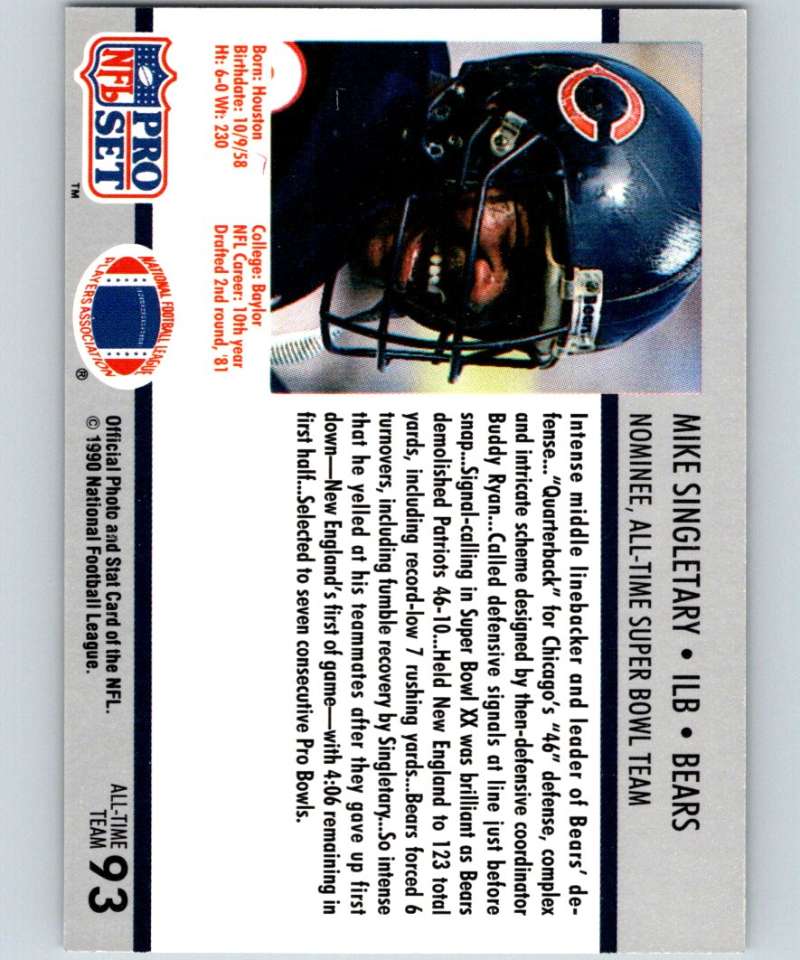 1990 Pro Set Super Bowl 160 #93 Mike Singletary Bears NFL Football Image 2