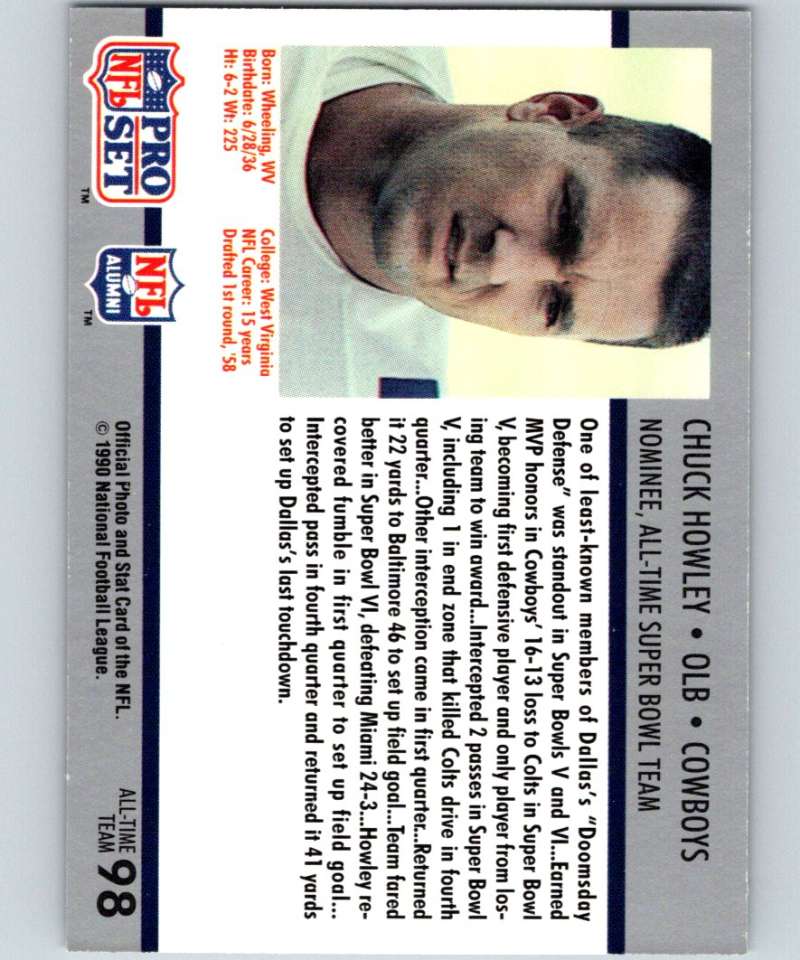 1990 Pro Set Super Bowl 160 #98 Chuck Howley Cowboys NFL Football Image 2