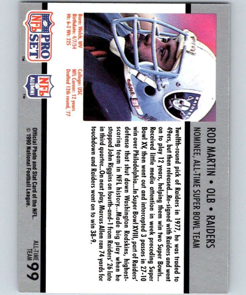 1990 Pro Set Super Bowl 160 #99 Rod Martin NFL Football Image 2