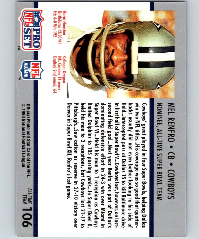 1990 Pro Set Super Bowl 160 #106 Mel Renfro Cowboys NFL Football Image 2