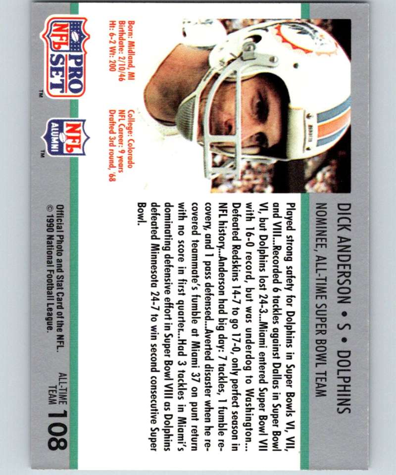 1990 Pro Set Super Bowl 160 #108 Dick Anderson Dolphins NFL Football Image 2