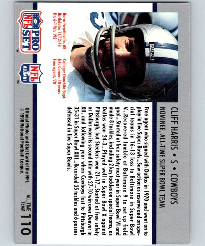 1990 Pro Set Super Bowl 160 #110 Cliff Harris Cowboys NFL Football Image 2
