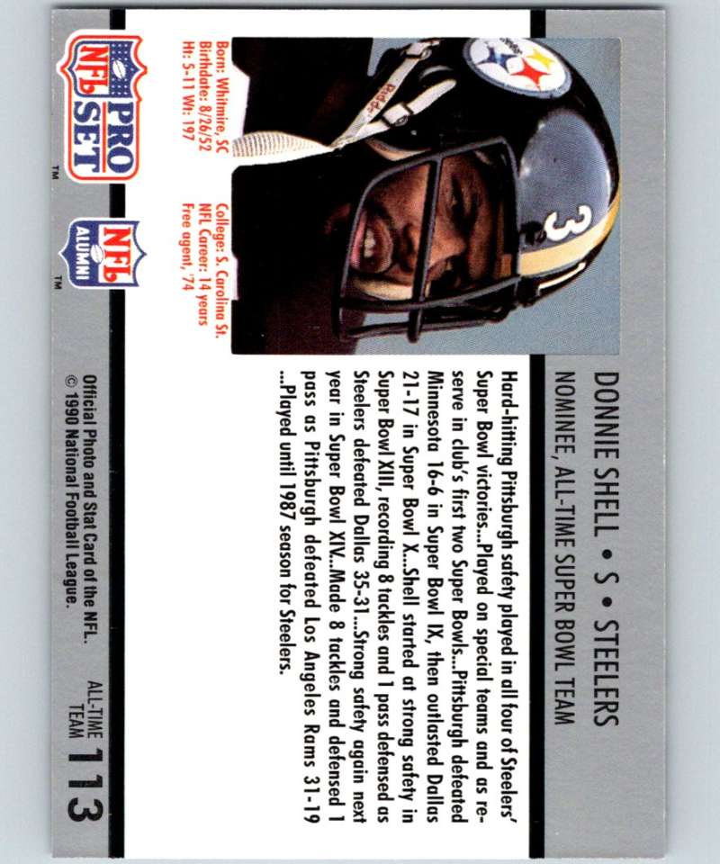 1990 Pro Set Super Bowl 160 #113 Donnie Shell Steelers NFL Football Image 2