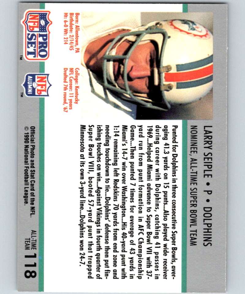 1990 Pro Set Super Bowl 160 #118 Larry Seiple Dolphins NFL Football