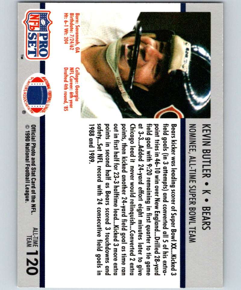 1990 Pro Set Super Bowl 160 #120 Kevin Butler Bears NFL Football Image 2