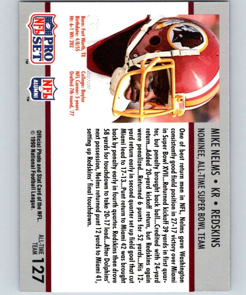 1990 Pro Set Super Bowl 160 #127 Mike Nelms Redskins NFL Football Image 2